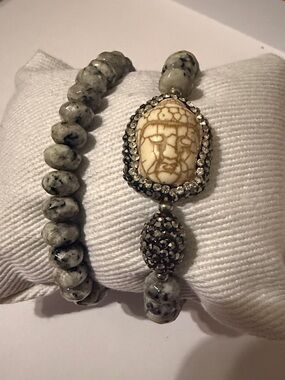 Buddha White Turquoise and Jasper beaded stretch bracelet set